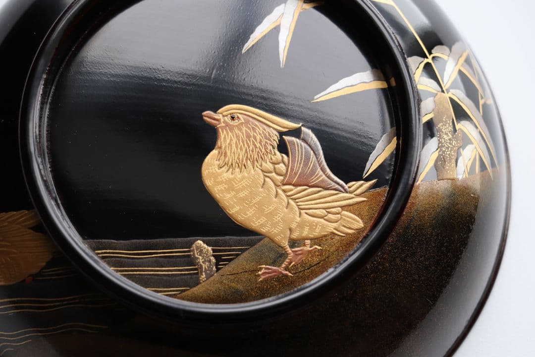 CL85 能登輪島塗 鴛鴦金蒔絵 見返梅 黒塗椀 二客 天然木 梨地 研出 花鳥