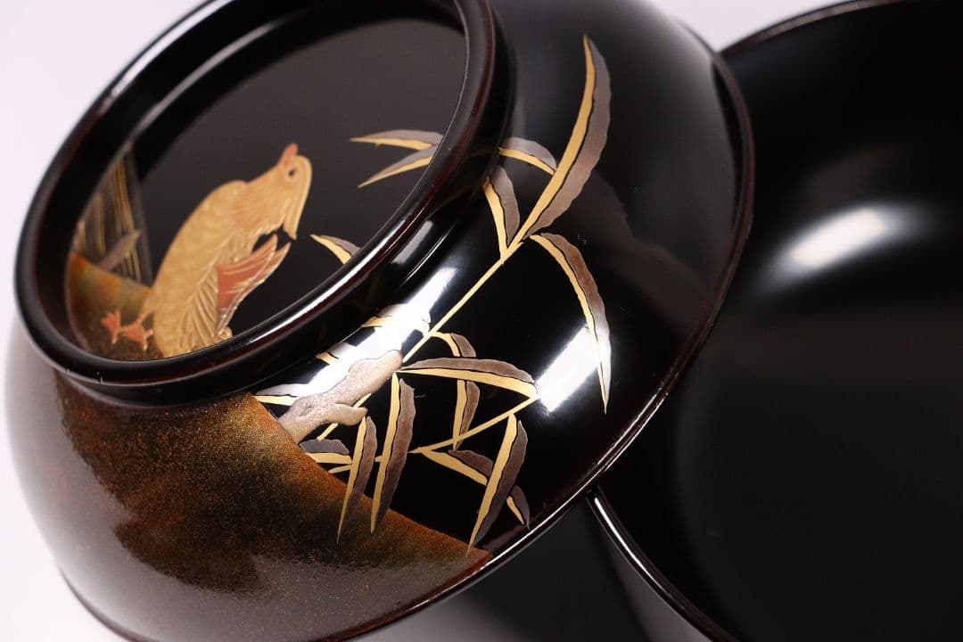 CL85 能登輪島塗 鴛鴦金蒔絵 見返梅 黒塗椀 二客 天然木 梨地 研出 花鳥