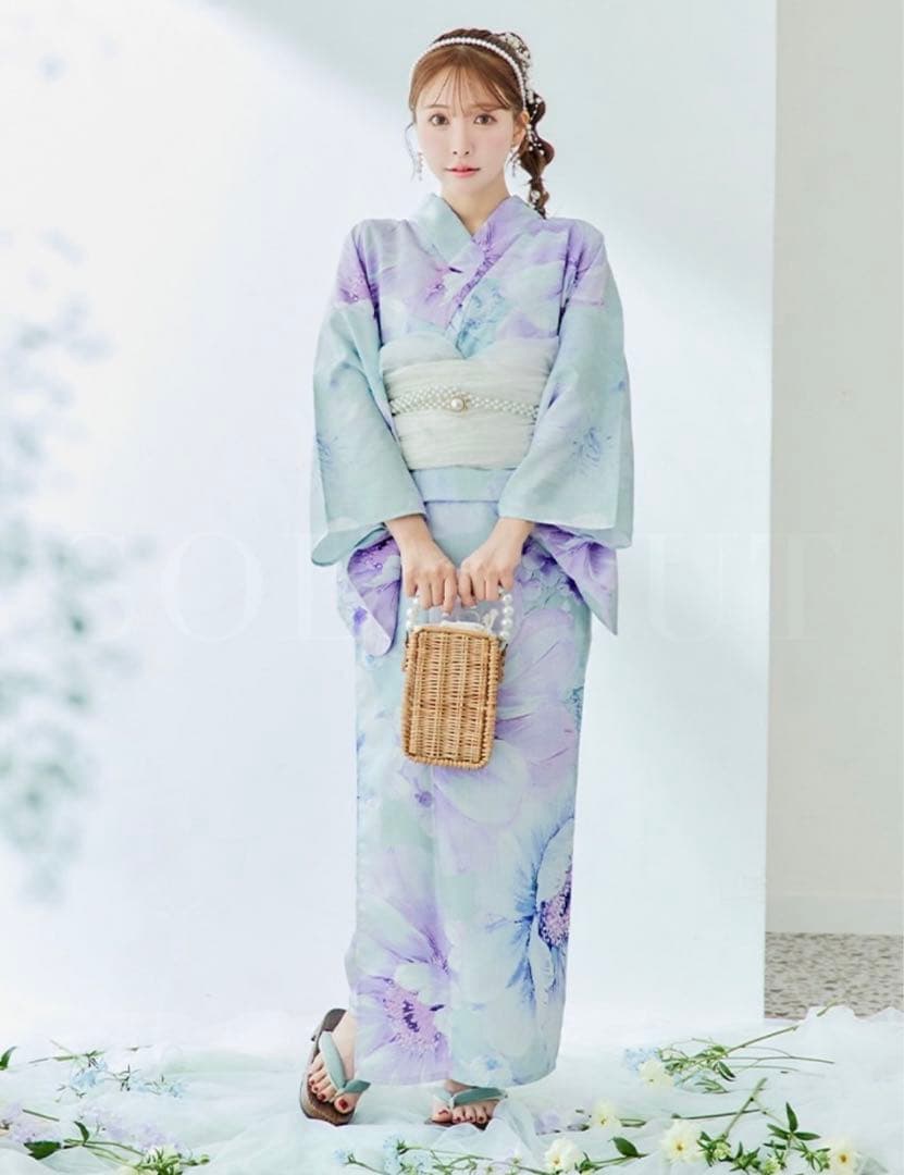水色と紫の花柄 浴衣