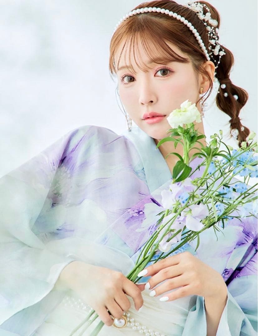 水色と紫の花柄 浴衣