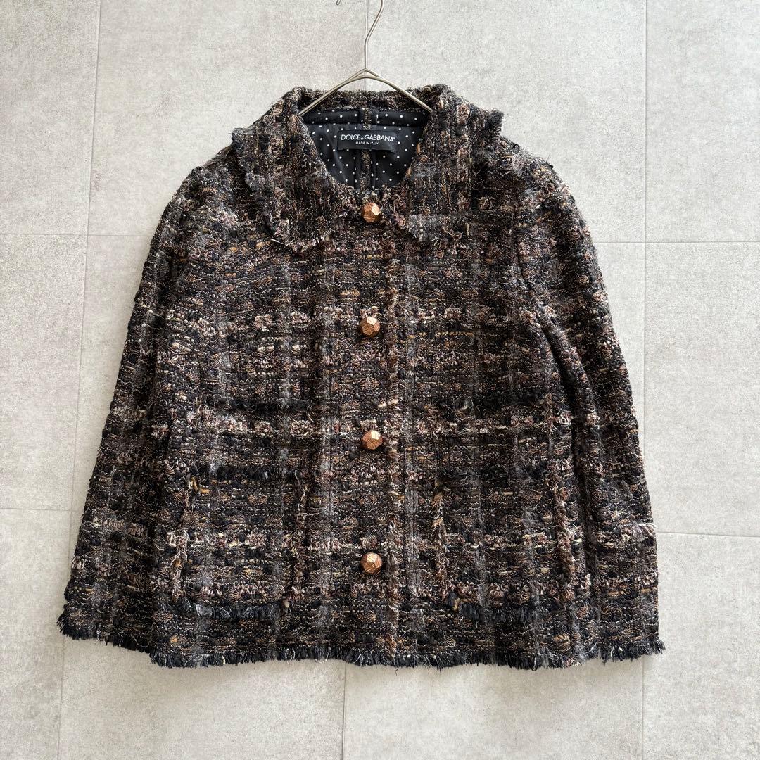 ドルチェ&ガッバーナ　ツイードジャケット　金ボタン　裏地ドット　丸襟　42