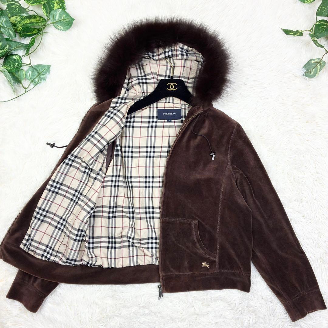 バーバリーロンドン　ベロア　ジップアップパーカー　ノバチェック　XL　ブラウン