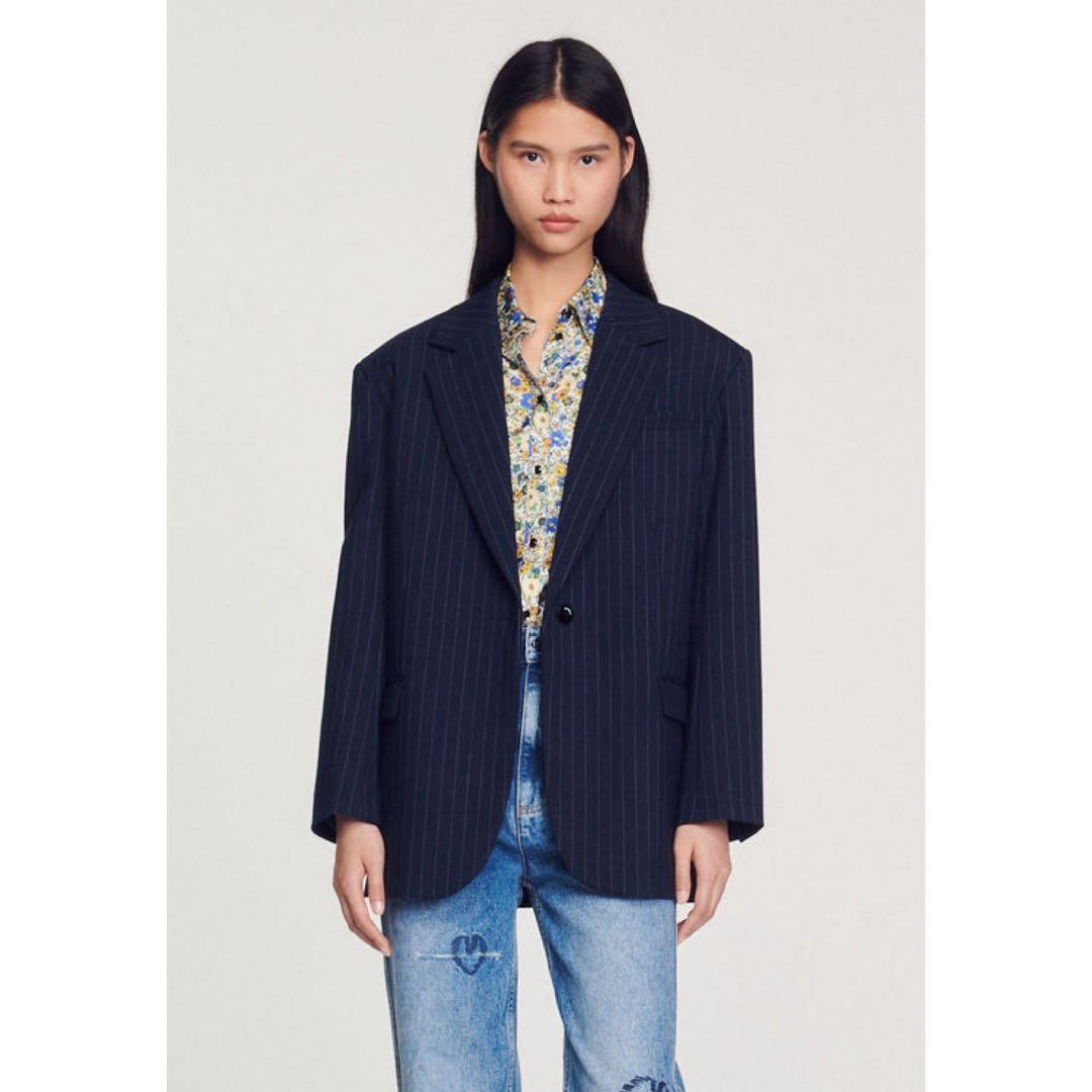 SANDRO サンドロ ネイビー ジャケット 36 紺 ピンストライプ