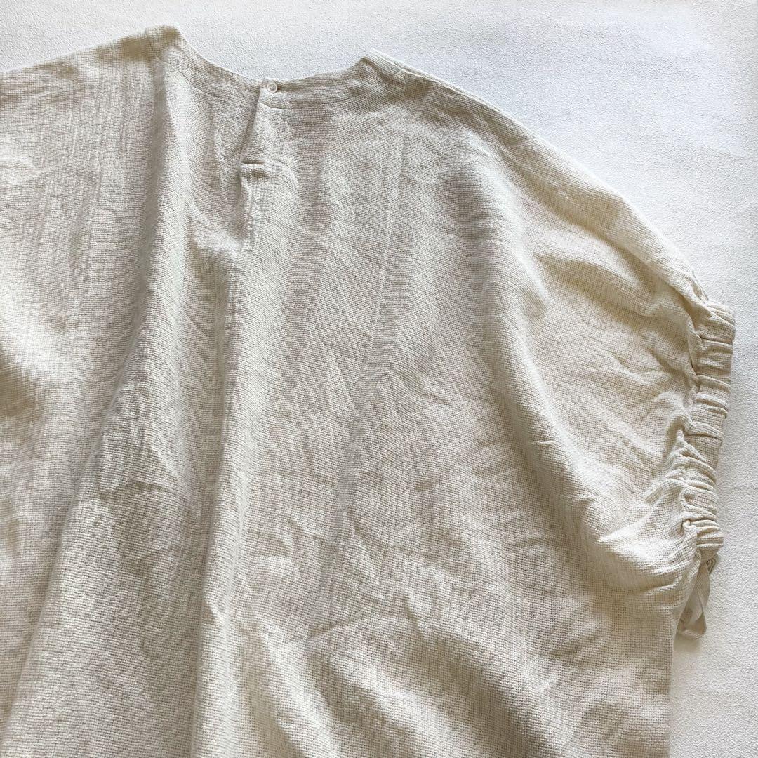 美品 かぐれ コットンリネン ギャザースリーブチュニック ナチュラル