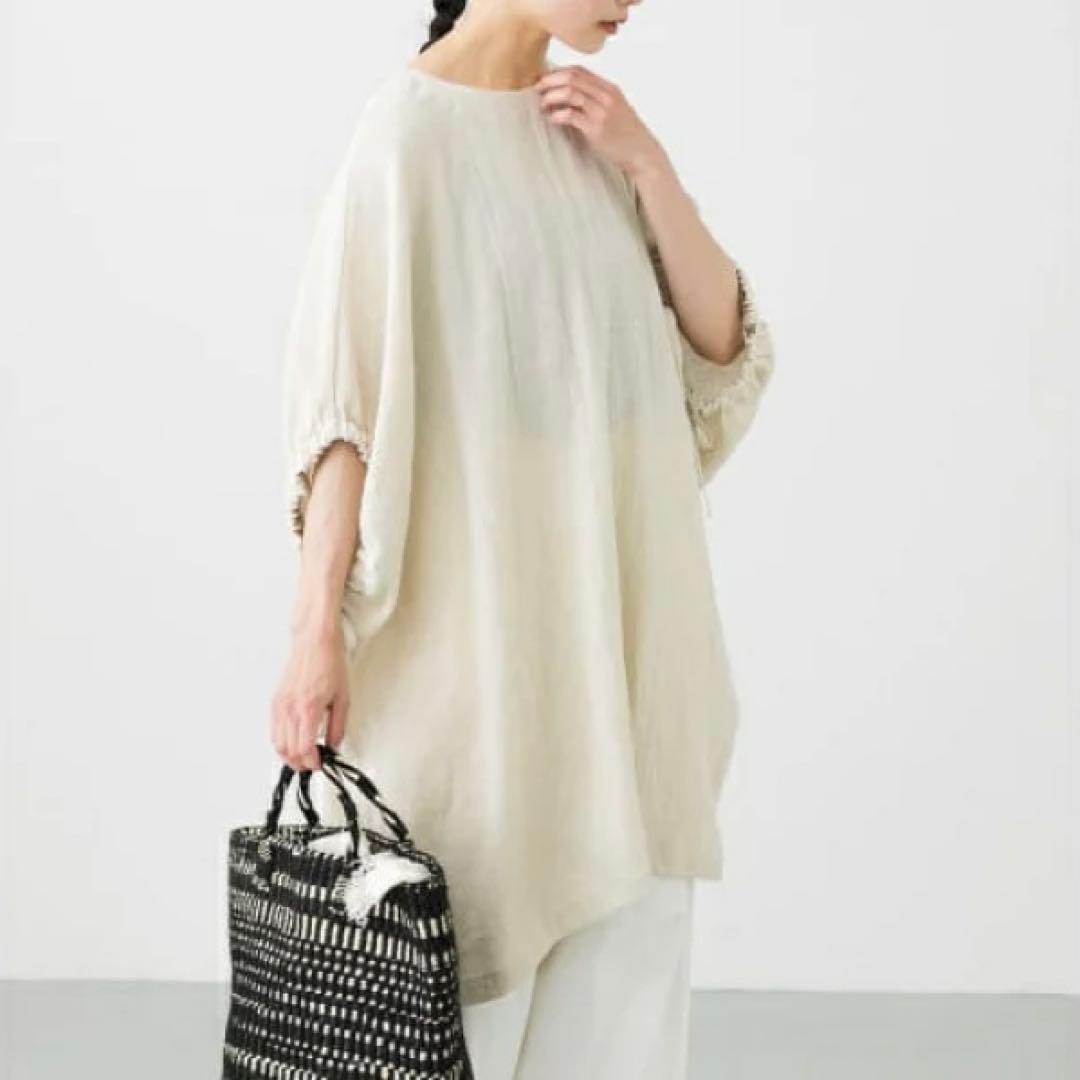 美品 かぐれ コットンリネン ギャザースリーブチュニック ナチュラル