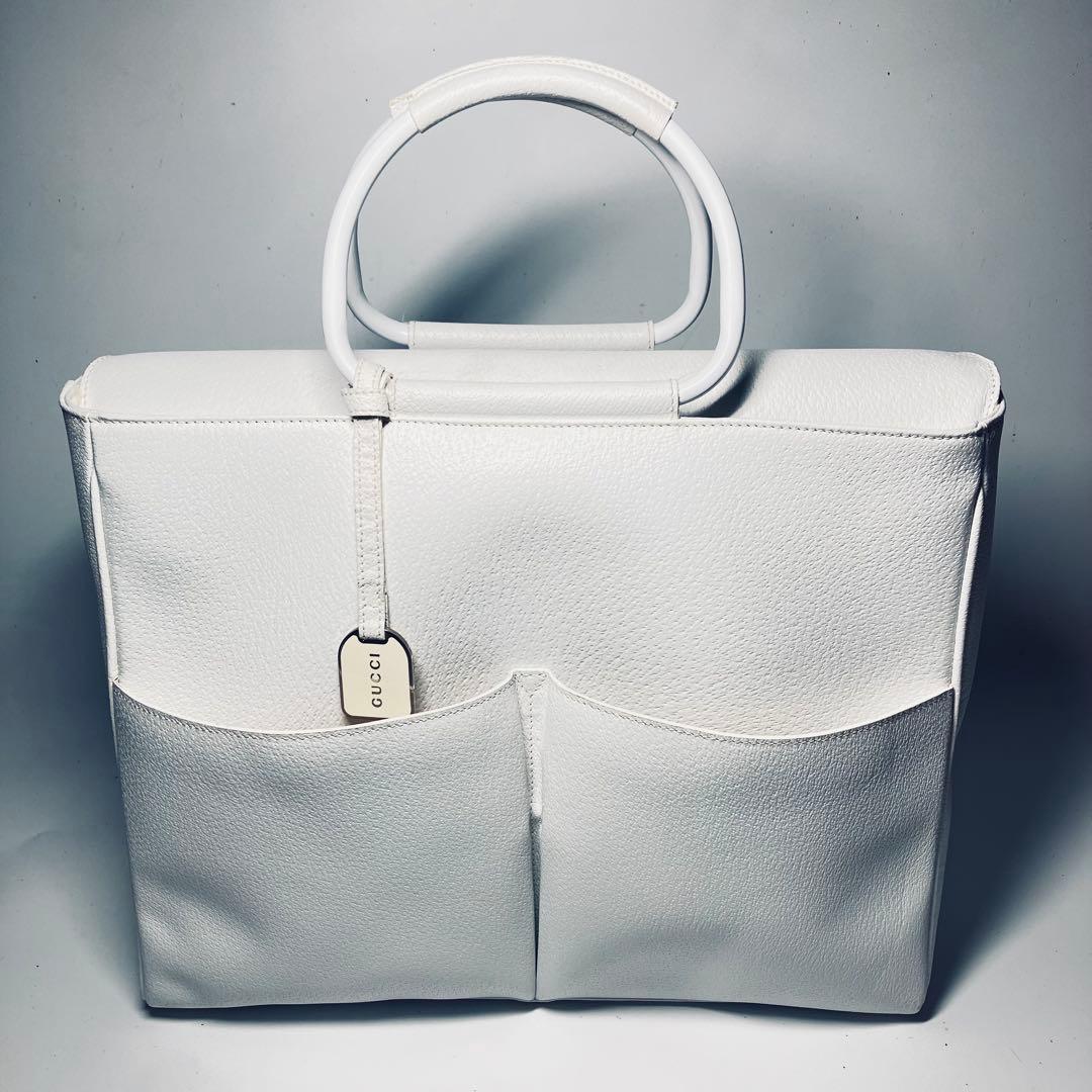 極美品　オールドグッチ　GUCCI レザー　ハンドバッグ　A4可能 ホワイト
