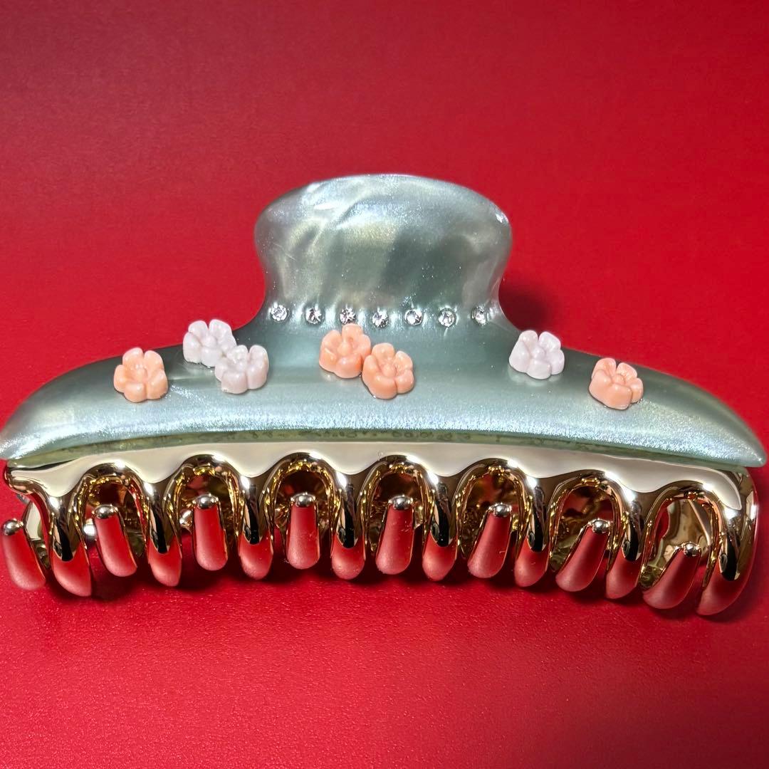 acca ヘアクリップ　フラワーラインストーングリーン 大