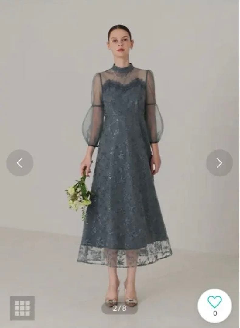 【Leja】花柄刺繍ミディ丈ドレスブルー