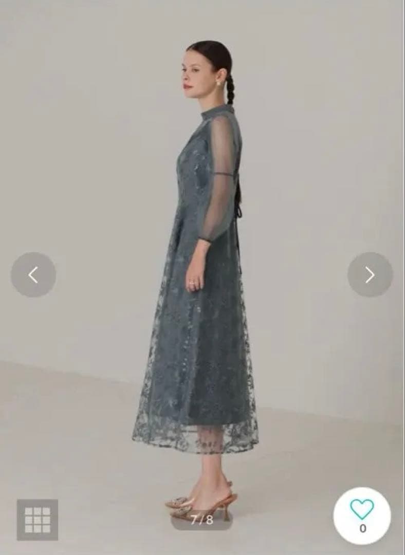 【Leja】花柄刺繍ミディ丈ドレスブルー