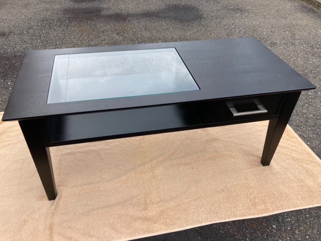 特価❗️大塚家具　木製リビングテーブルガラス天板　モダン黒ローテーブル 引き出し