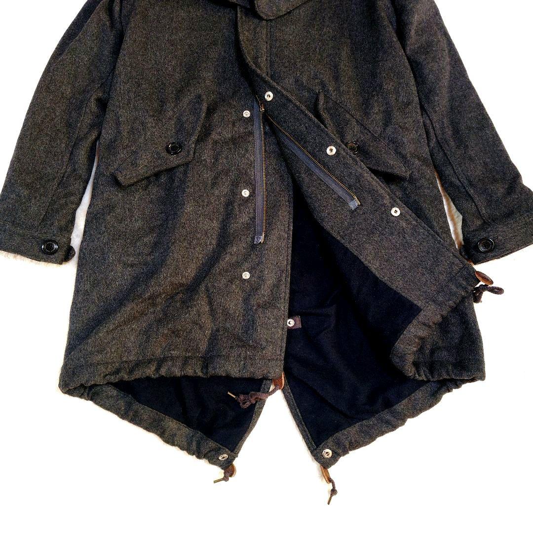 ジョンブル カシミヤ混 ウール モッズコート ラクーンファー グレー フード着脱