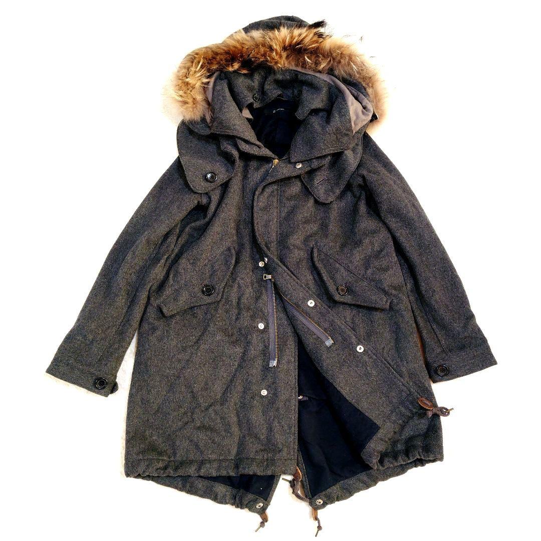 ジョンブル カシミヤ混 ウール モッズコート ラクーンファー グレー フード着脱