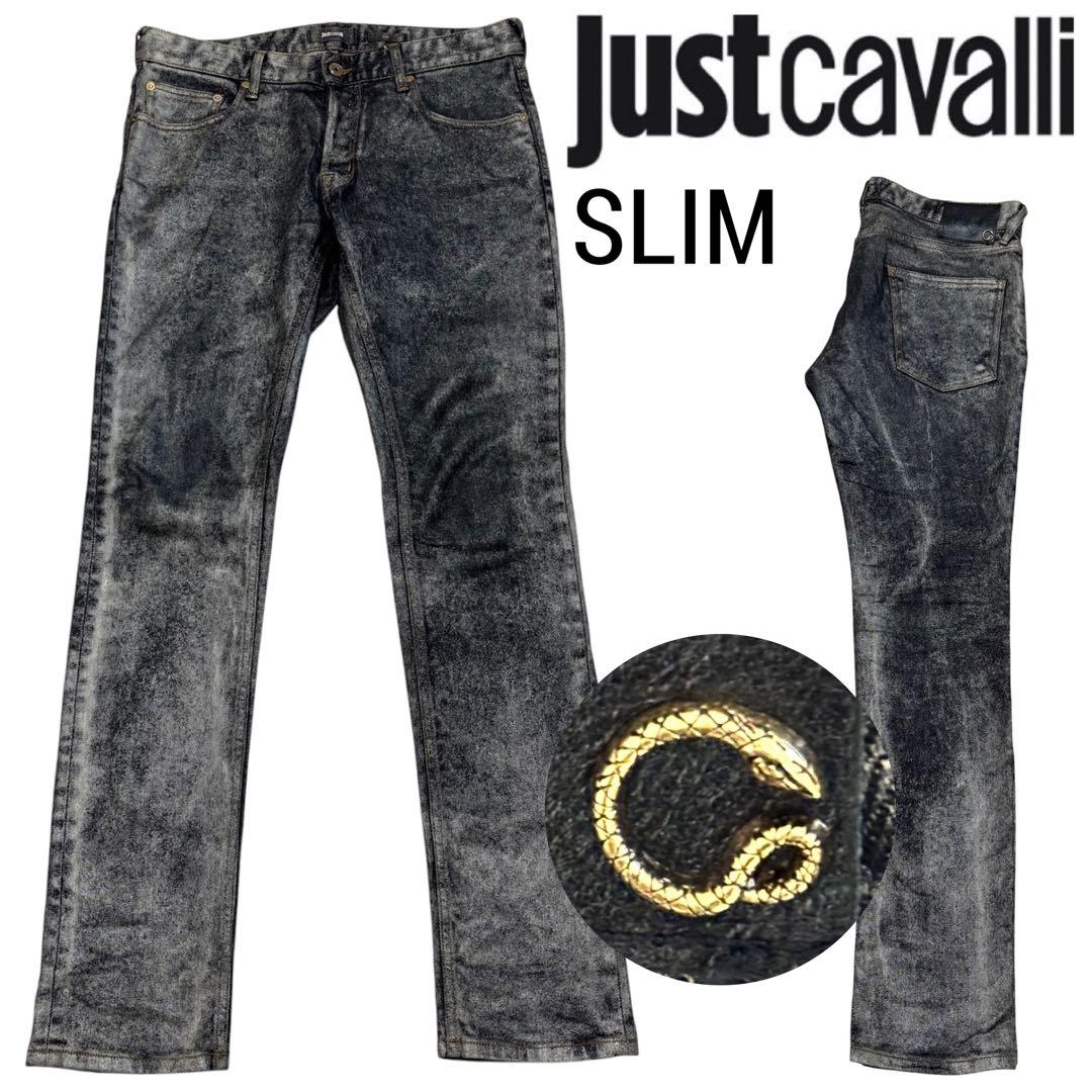 美品 Just Cavalli デニム 箔コーティング ストレッチ スリムパンツ