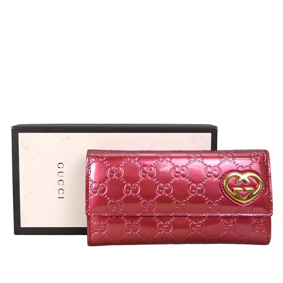 本物 良品 ■グッチ■GG ラブリーハート ピンクパープル パテント 長財布