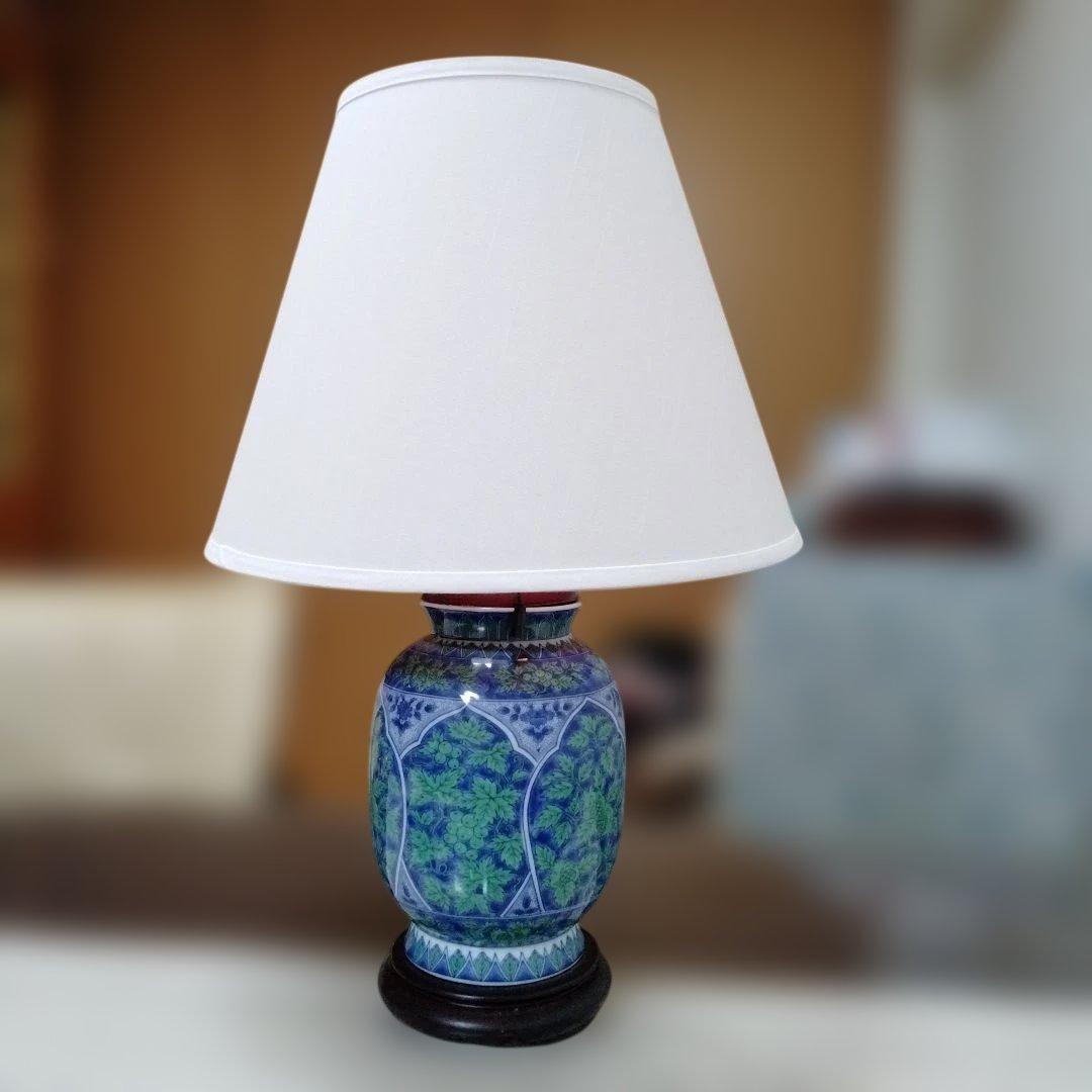 電気スタンド ランプ 照明 電球 ライト 大型 陶器 木製 青華緑彩 花柄