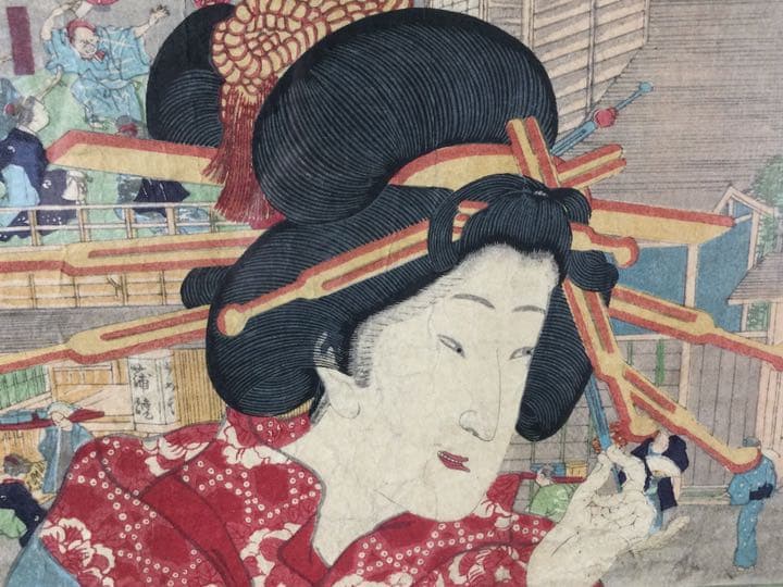 時代物版画『東京新嶋原全盛競』一曜斎國輝筆 額 G99 鳶口 L328 セット