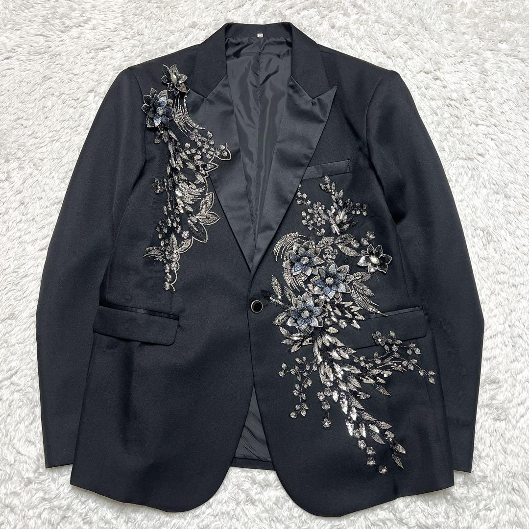 【主役級】ビジュー花柄刺繍 メンズテーラードジャケット XXL ステージ衣装 黒