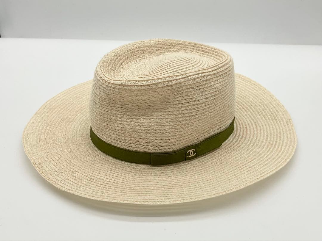 CHANEL ココマーク ストローハット 麦わら帽子 ホワイト グリーン