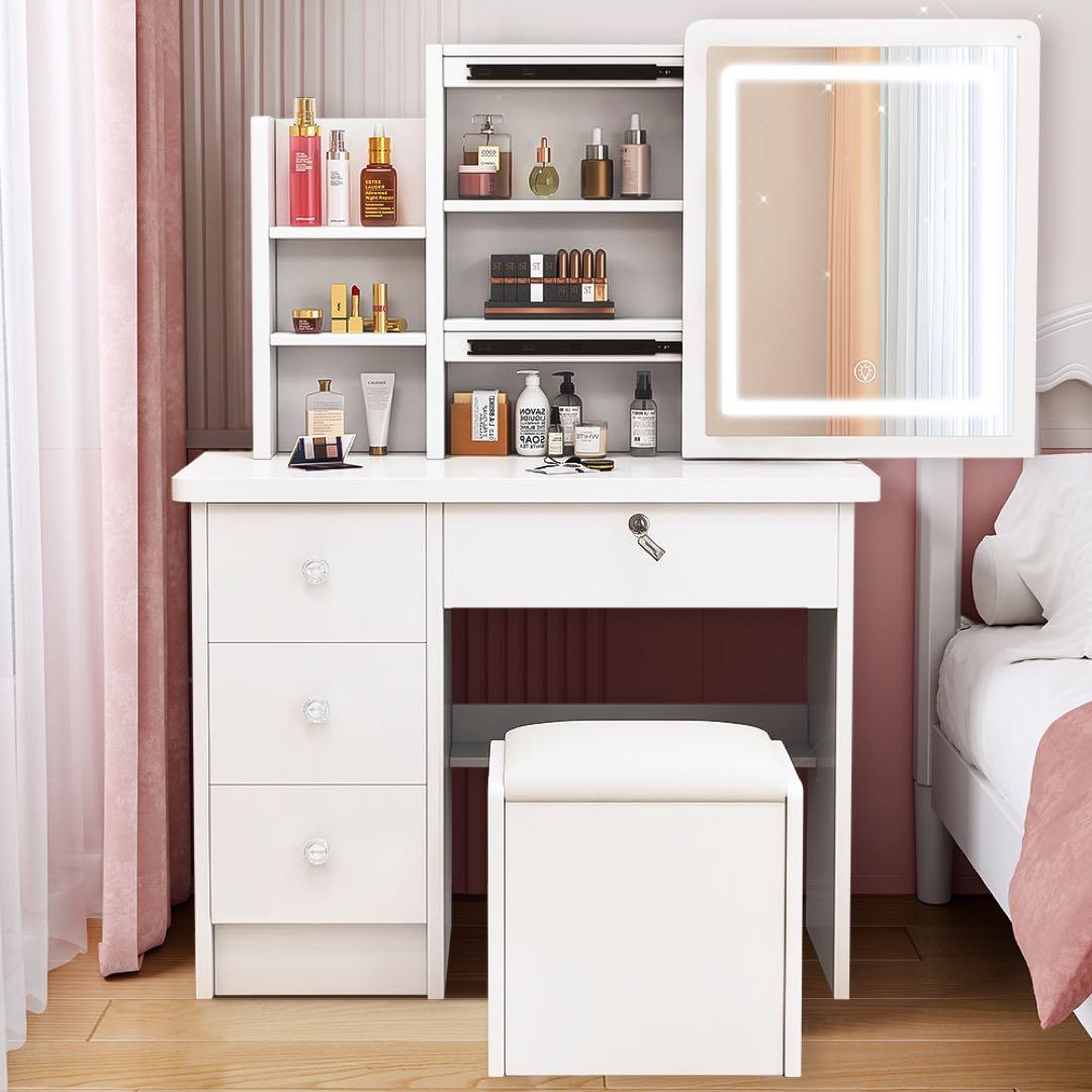(期間セール)ドレッサー コンパクト 白 3色LED ライト収納沢山 化粧台