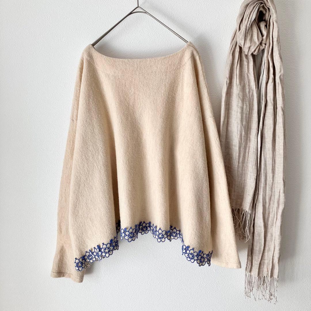 45R 縮絨ウール 裾刺繍 オーバーサイズチュニックプルオーバー トップス