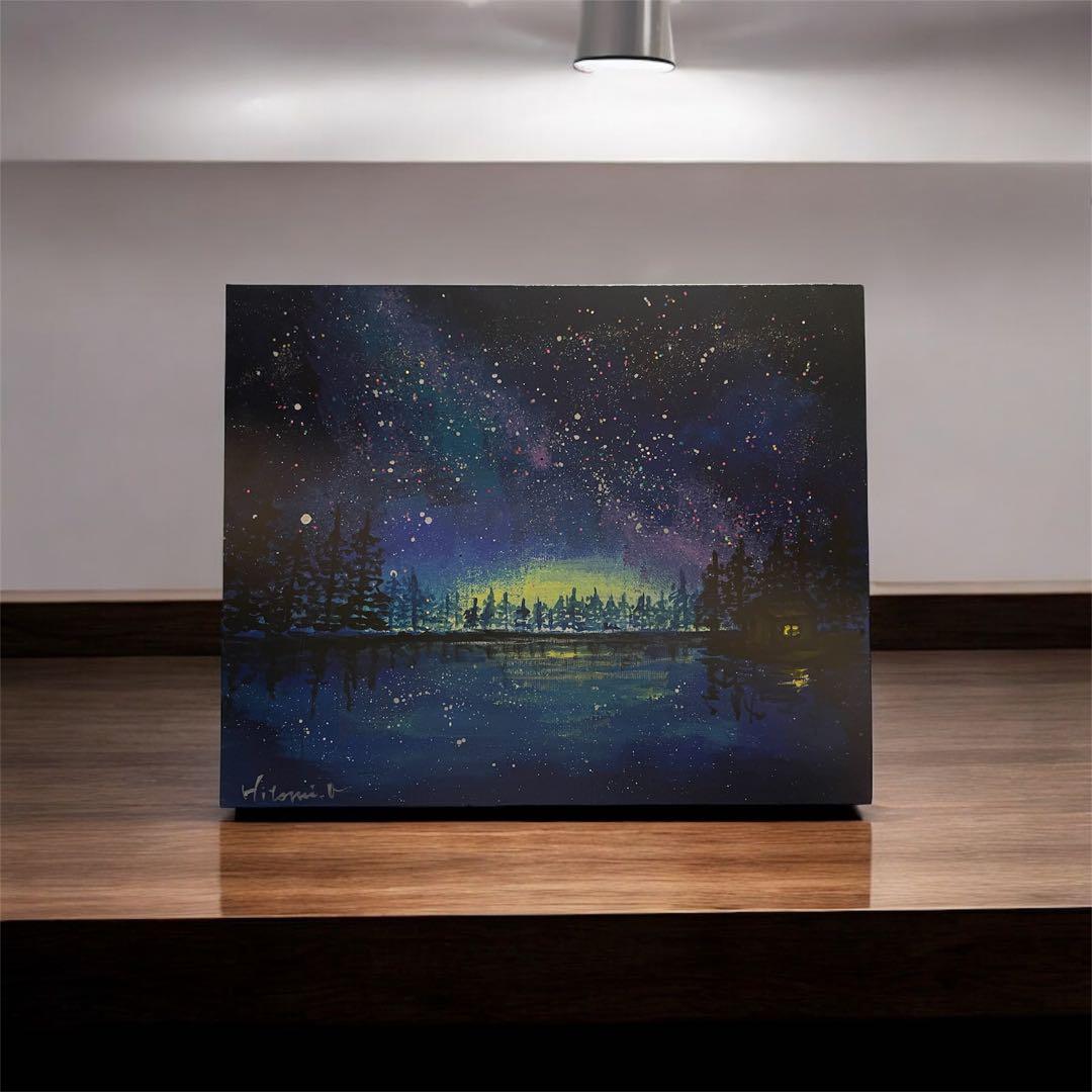 北欧の湖畔の風景画　原画　キャンバス　現代アート　抽象画　夜空