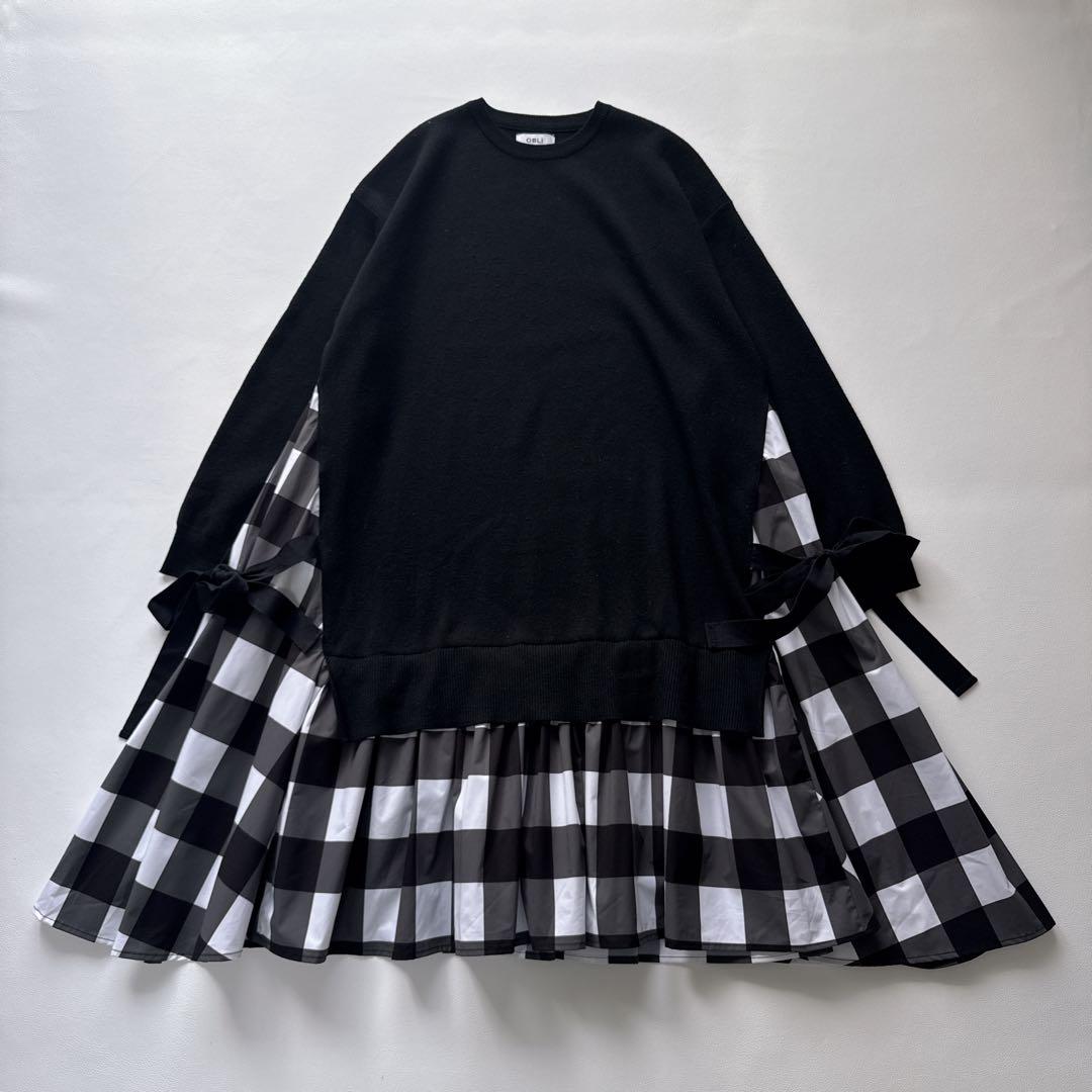 りさ様！！！！！ オブリ　ニットドッキングワンピース　　チェック柄　黒　リボン