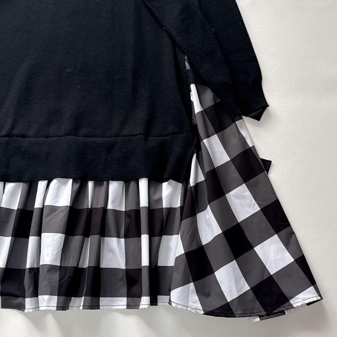 りさ様！！！！！ オブリ　ニットドッキングワンピース　　チェック柄　黒　リボン
