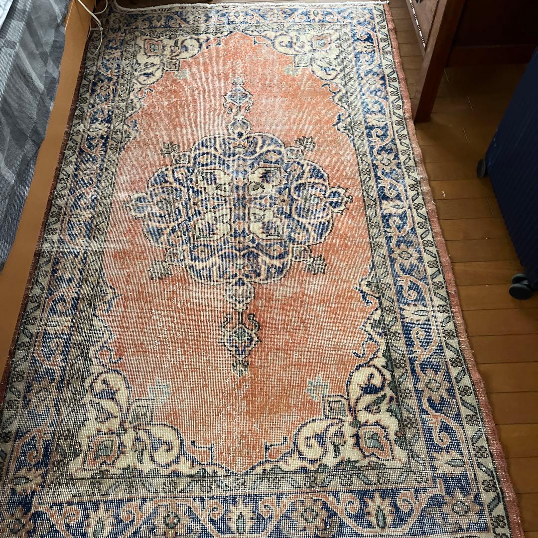 伝統ネイビー118×197シャビーオレンジ　メダリオン　トルコヴィンテージラグ