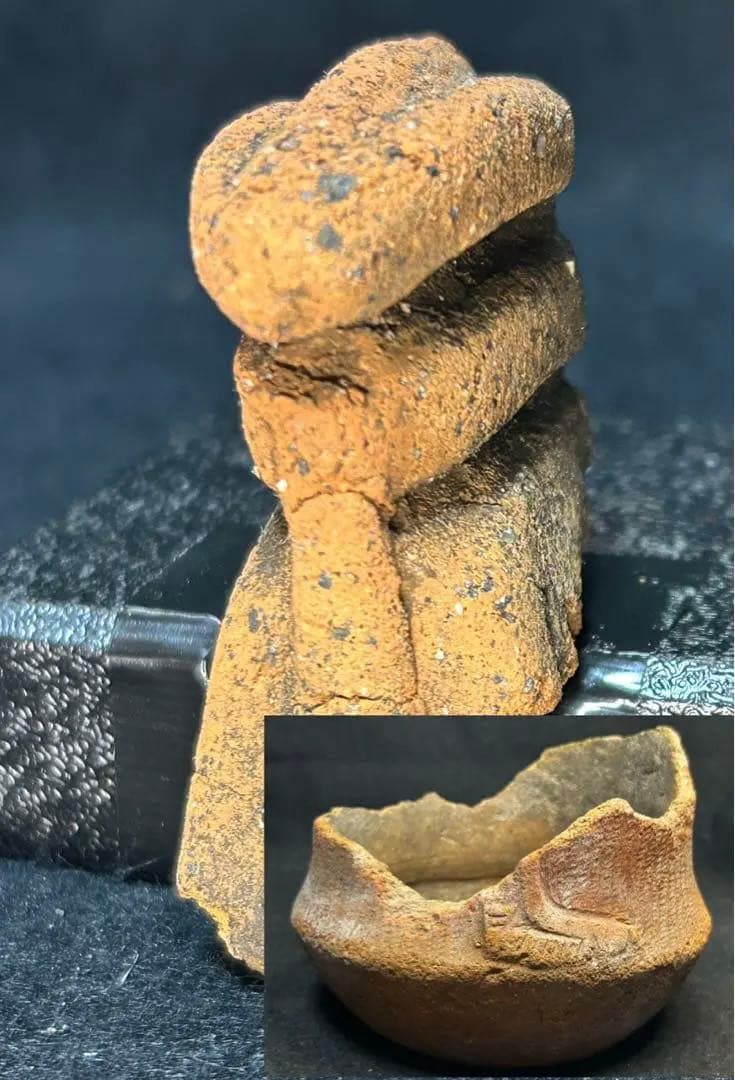 縄文土器　獣面把手と縄文土器底部