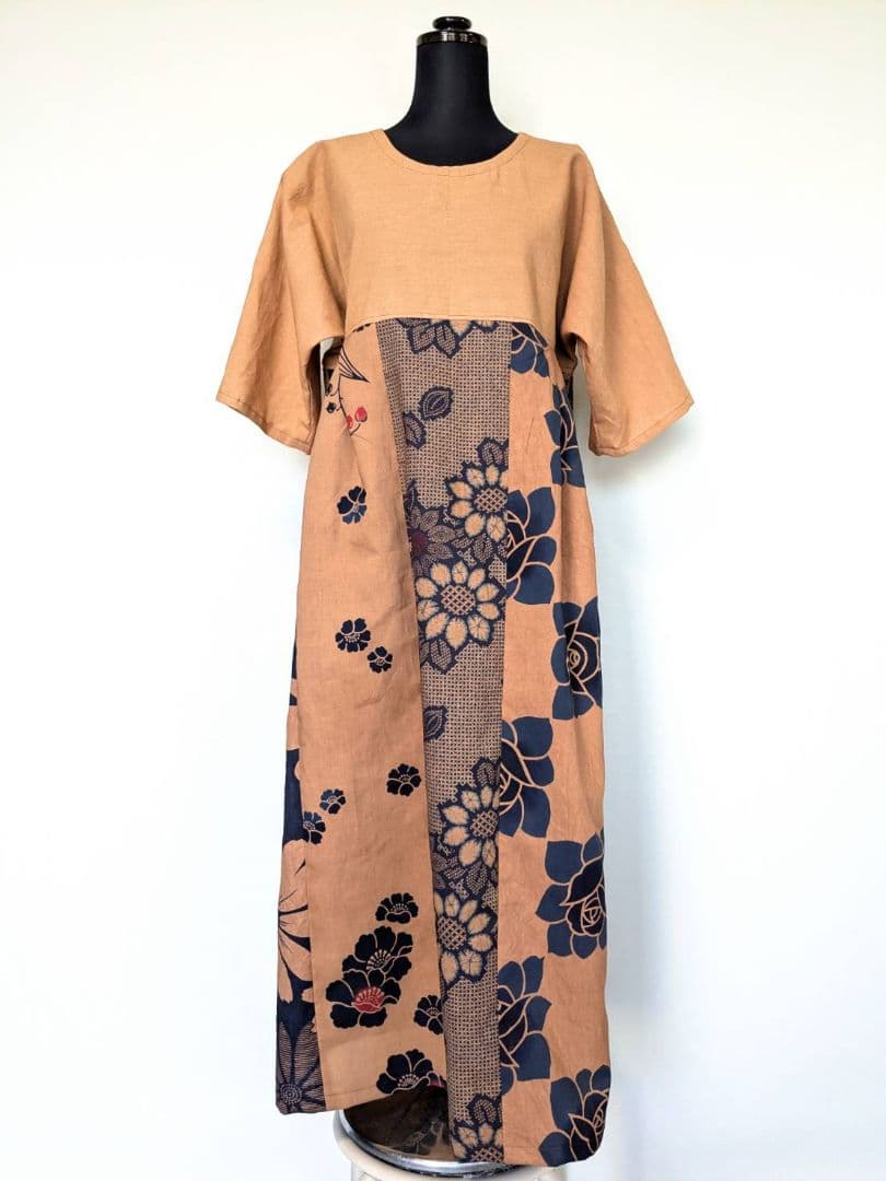 柿渋染め【綿浴衣・晒】M~L　胸元切り替えワンピース　着物リメイク　2044