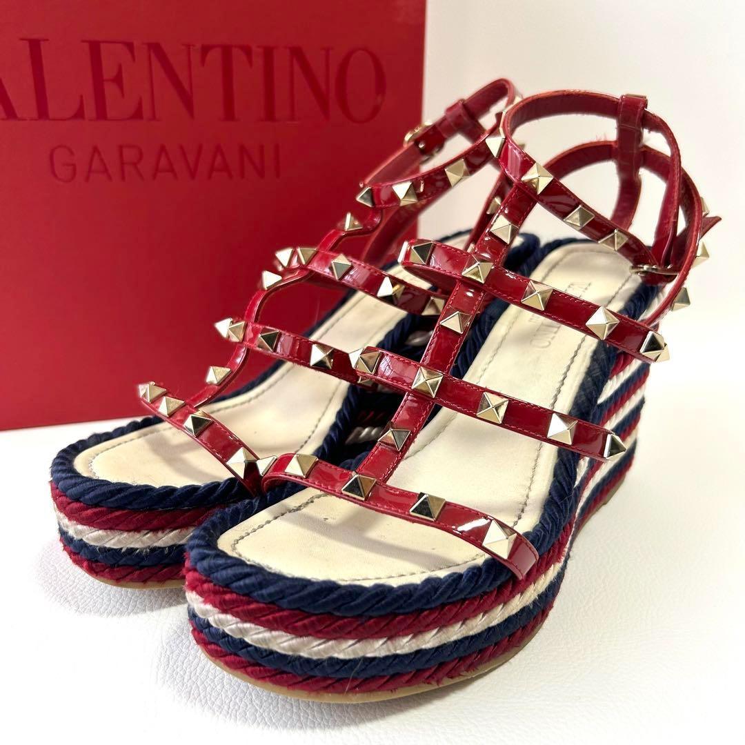 高級＊ヴァレンティノ ロックスタッズ カーフスキン ストラップウェッジサンダル