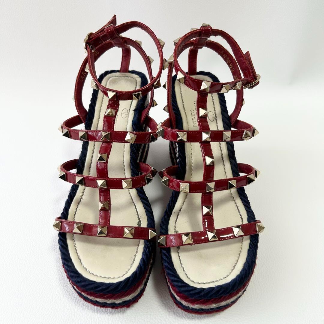 高級＊ヴァレンティノ ロックスタッズ カーフスキン ストラップウェッジサンダル