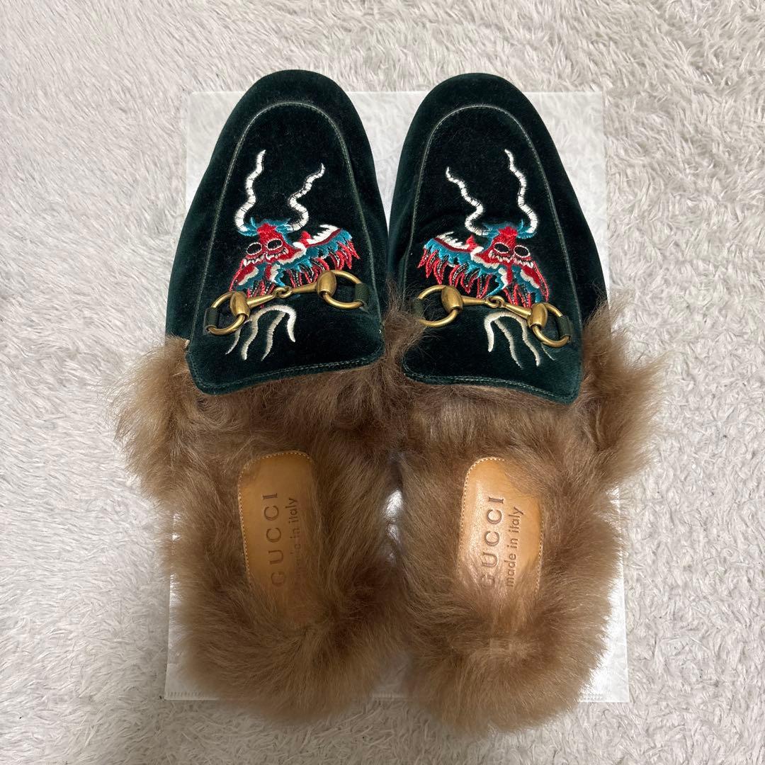 GUCCI ドラゴンワッペン ファーシューズ/サイズ7