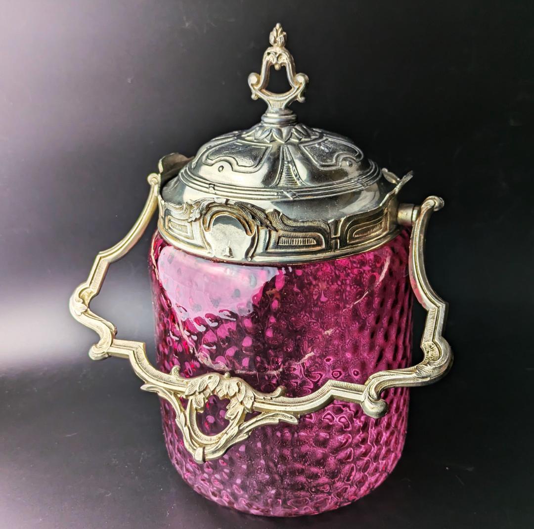 大型24㎝！仏アンティーク オルモル技法ガラス ルージュ クッキージャー