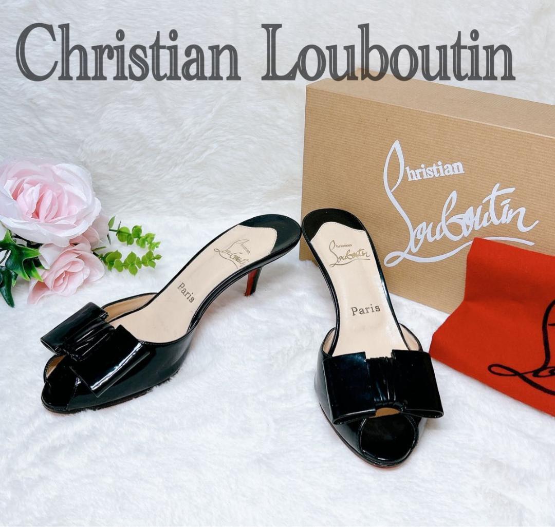 極美品☆箱保存袋付☆クリスチャンルブタン ミュール ブラック エナメル リボン