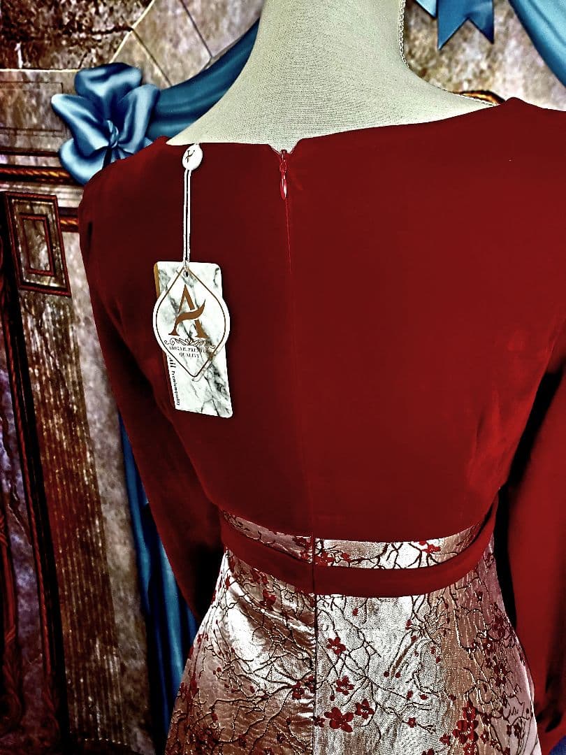 M【新品インポートセレクト】ベロアゴールドジャガードスクエアネック長袖秋冬ドレス