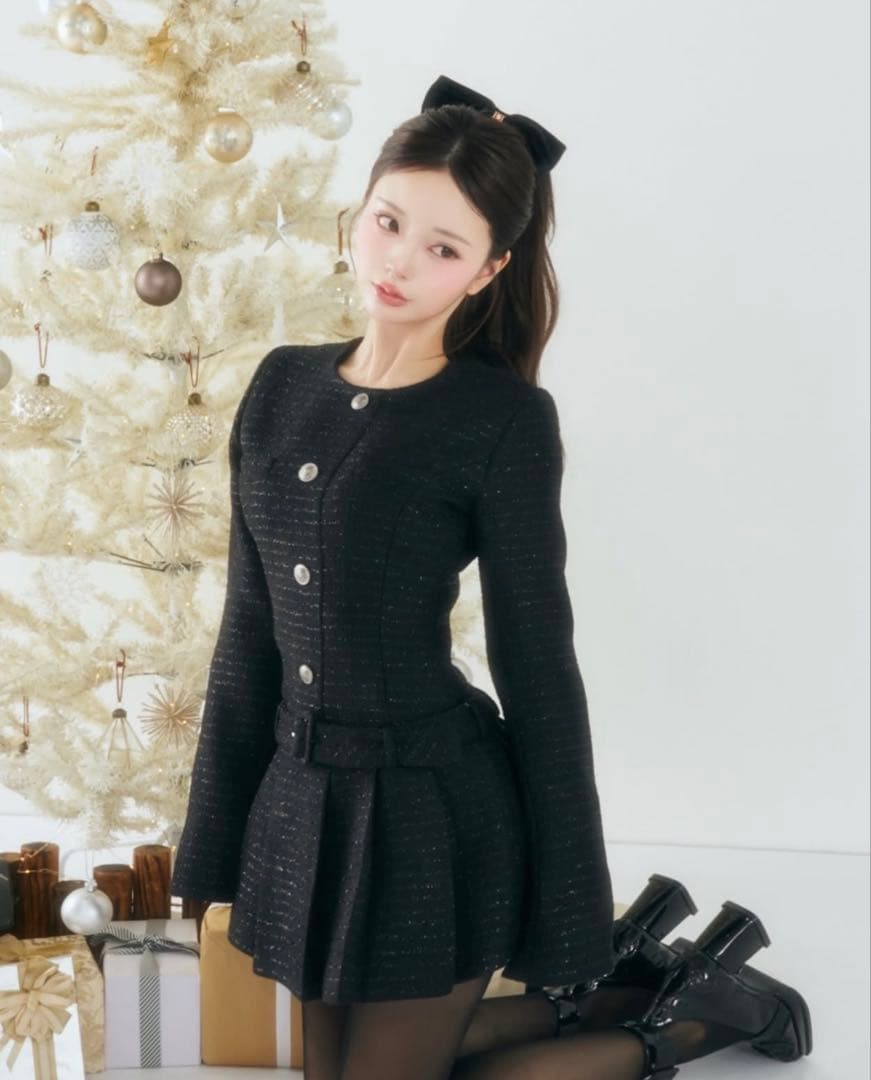 ダーリッチ ボックスプリーツツイードミニワンピース ブラック Darich