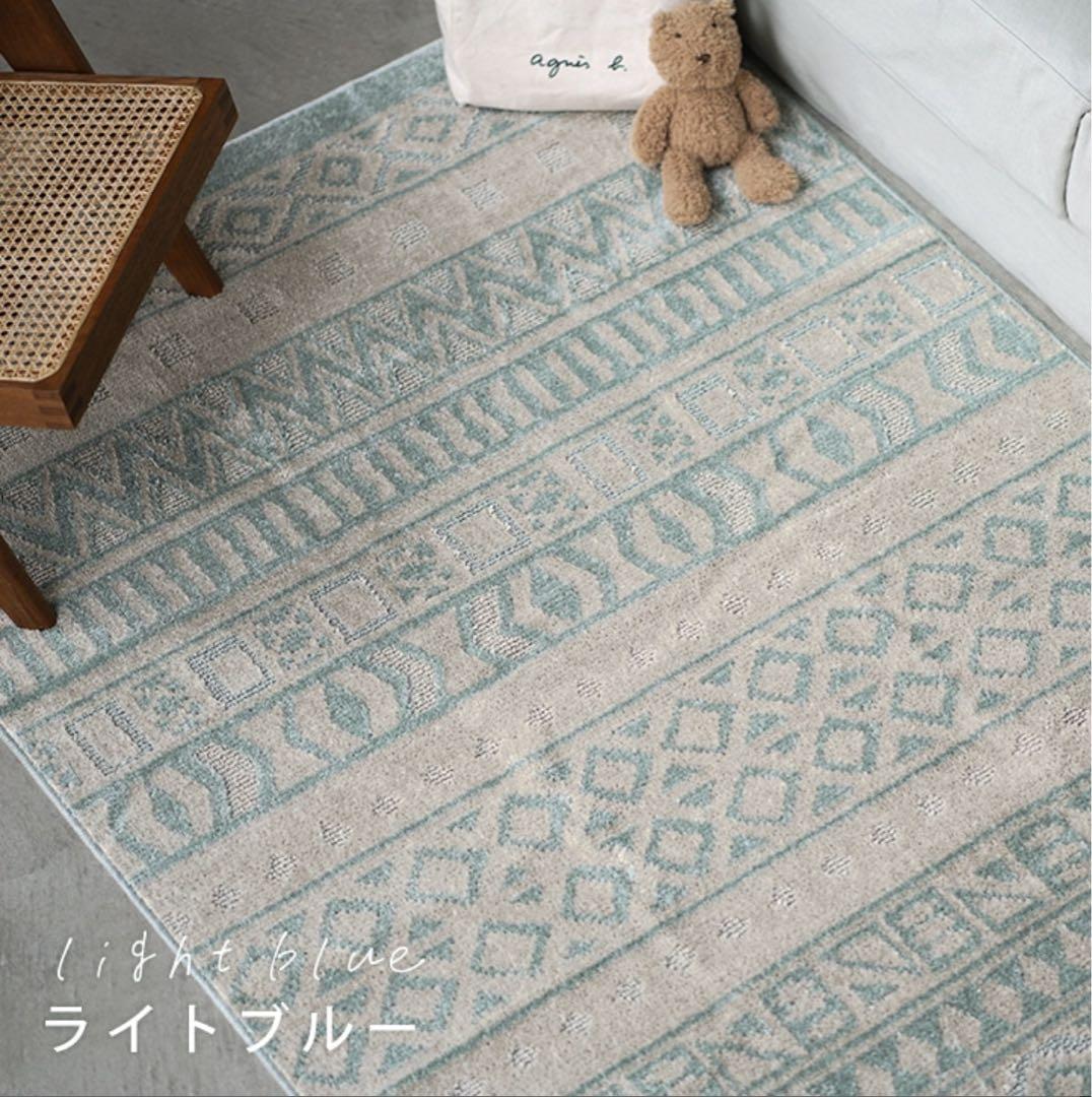 cucan オールシーズン ラグ 洗える 北欧 ライトブルー 幾何学模様ラグ