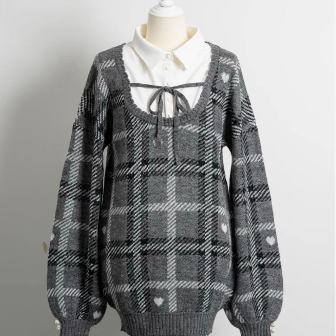 pium ピウム ハートチェックレイヤードニットワンピース