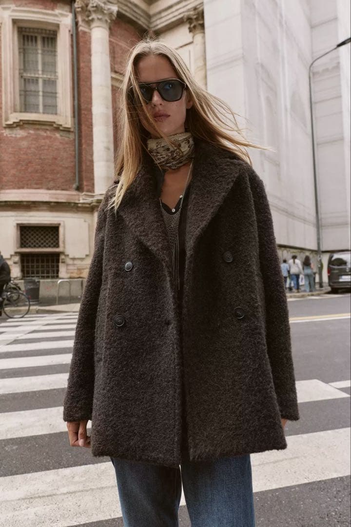 ZARA ブークレダブルブレストミディ丈コート　L