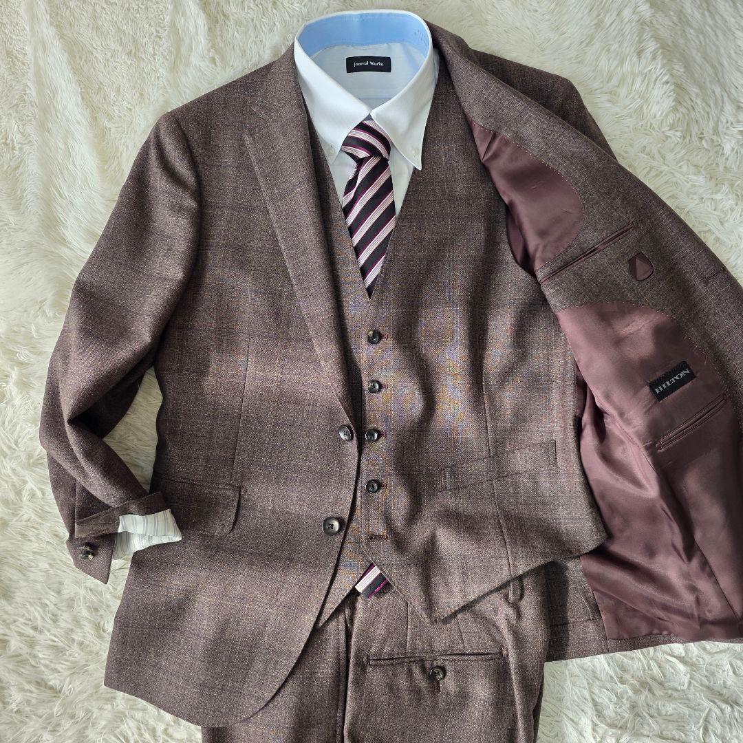 【美品/SUPER 110's】ヒルトン スーツ 3ピース チェック ブラウン系