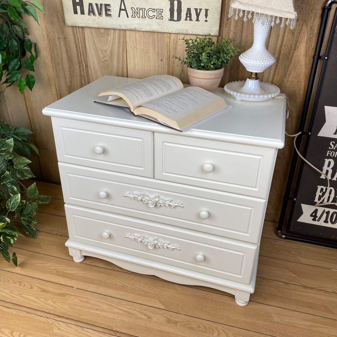 訳あり品！【103】フレンチ調ホワイトチェスト三段四つ引き木製収納家具姫系タンス