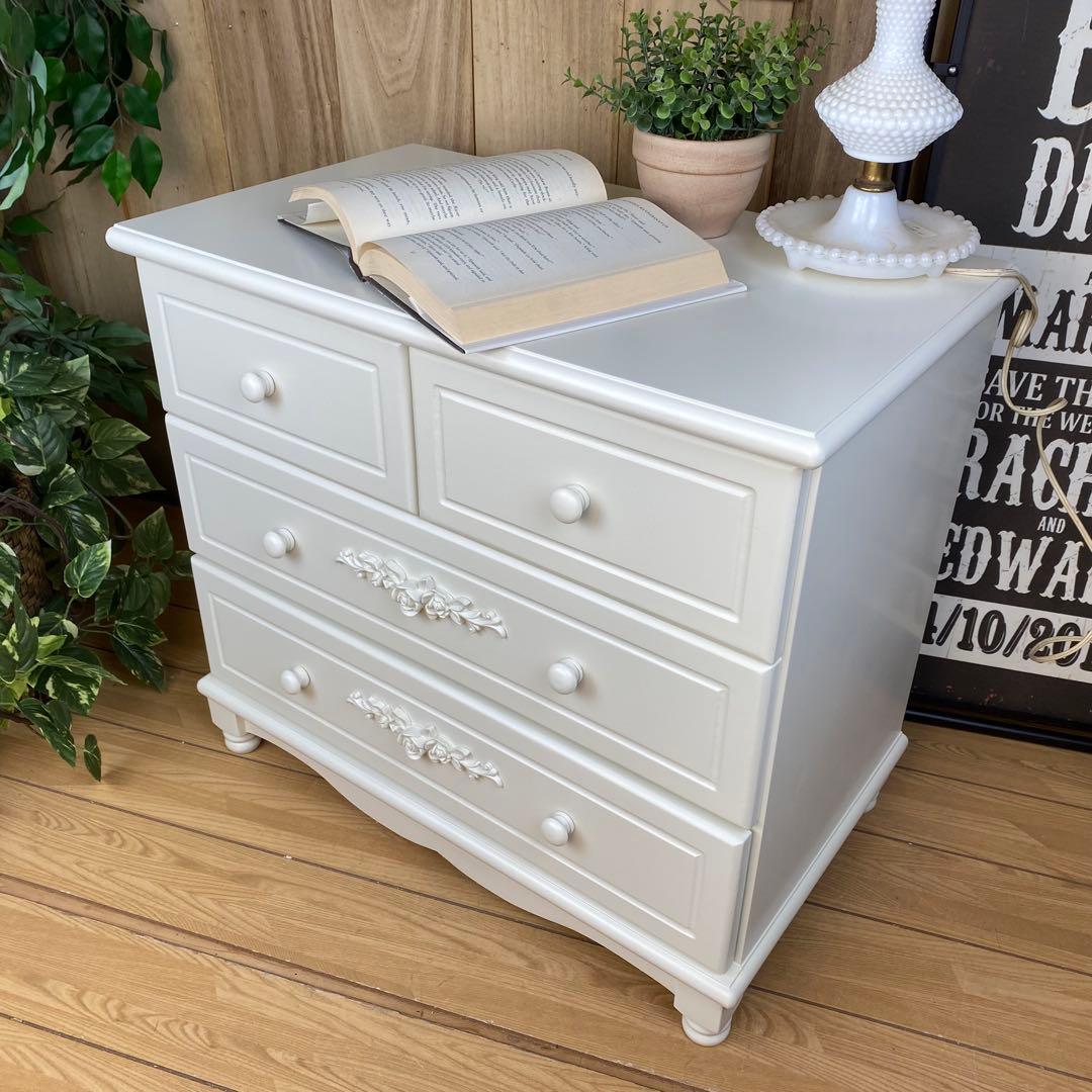 訳あり品！【103】フレンチ調ホワイトチェスト三段四つ引き木製収納家具姫系タンス