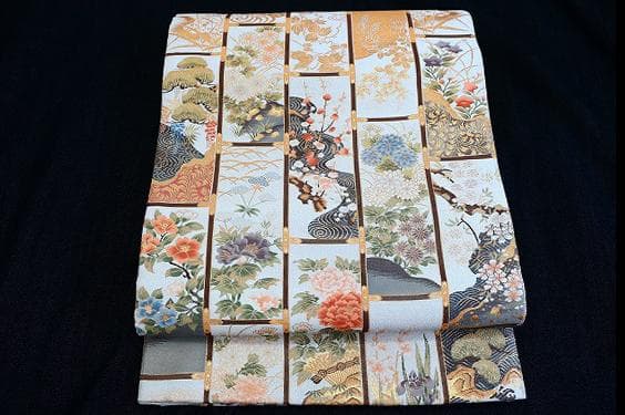 ★専用★美品 袋帯 オフホワイト 箔糸 流水 牡丹 梅 松 菊 4m31cm