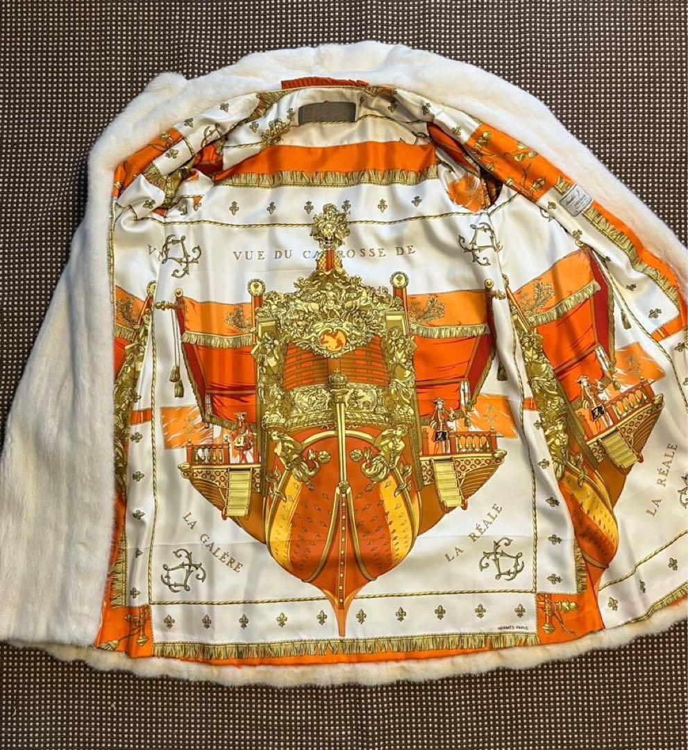 SAGA MINK×HERMES エルメススカーフ ミンクロングコート 白 毛皮