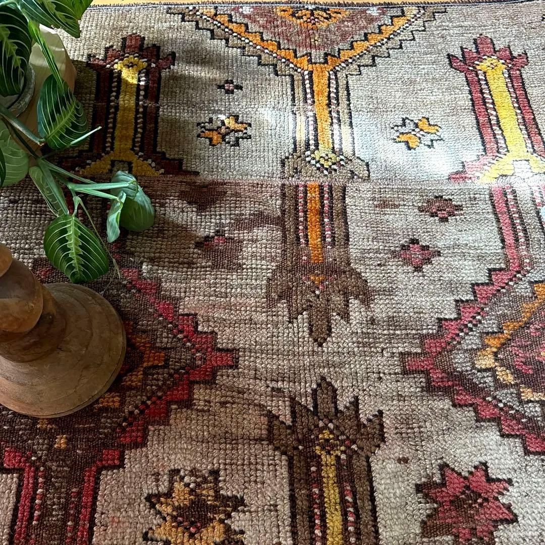 レア93×97 正方形サイズ　ウール　ブラウン　トルコヴィンテージラグ