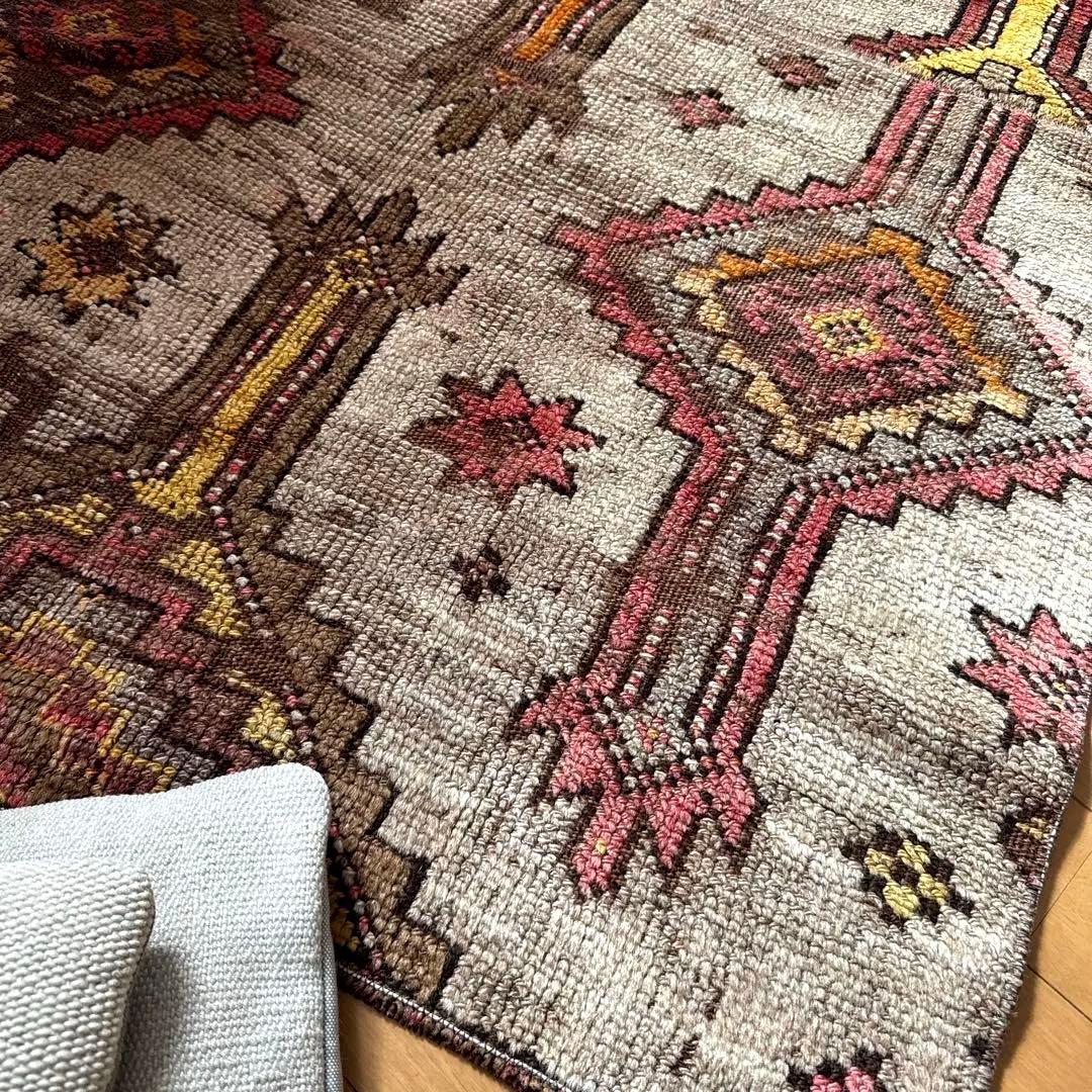 レア93×97 正方形サイズ　ウール　ブラウン　トルコヴィンテージラグ