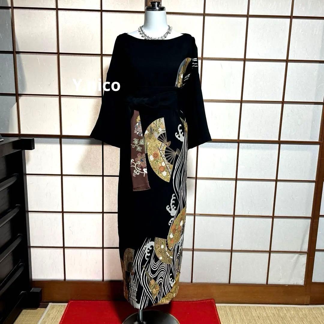 L着物リメイク 正絹 扇に白波 黒留袖 シンプルゆったりワンピース