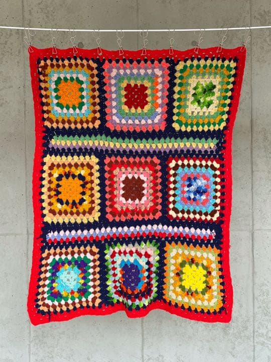 古着 ビンテージ 70s カラフル 四角 グラニー ブランケット キャンプ ラグ