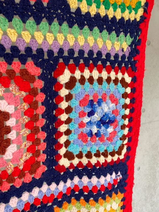 古着 ビンテージ 70s カラフル 四角 グラニー ブランケット キャンプ ラグ